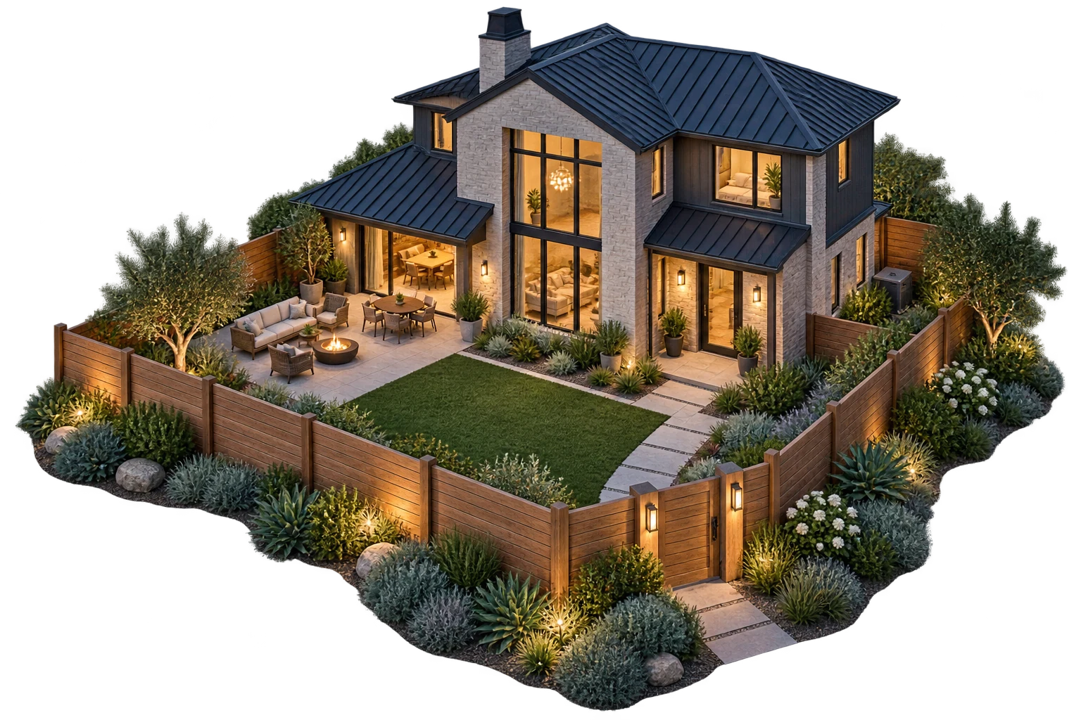 Illustration of a completed backyard with a cedar fence
