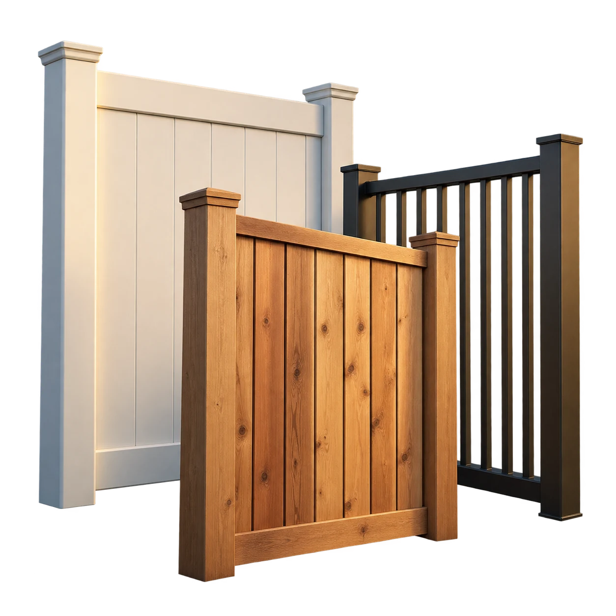 White vinyl, cedar, and dark aluminum fence examples